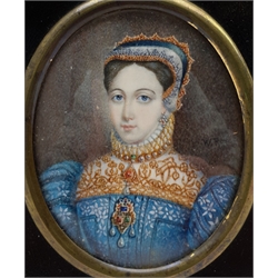 Sir William Charles Ross RA (British 1794-1860): Lady in Blue with Pearl Necklace, oval watercolour and bodycolour portrait miniature on ivory signed 7.5cm x 6cm