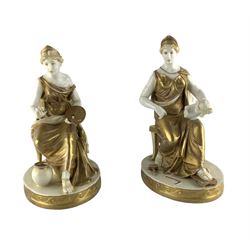Pair of late 19th century Naples female figures, seated and representing Art and Sculpture, each classically draped in gold robes and on oval bases, taller figure 27cm 