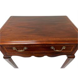 18th century and later inlaid mahogany and fruitwood lowboy, the moulded rectangular top with satinwood band, shaped frieze fitted with single drawer, on cabriole supports with angular feet