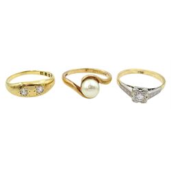 Early 20th century 18ct gold gypsy set two stone old cut diamond ring, London 1930, single stone round brilliant cut diamond ring, stamped 18ct, diamond approx 0.15 carat and a 9ct gold pearl ring