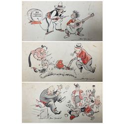 Herbert Samuel 'Bert' Thomas (British 1883-1966): Cartoons, set three original pen and ink sketches with colour on card signed with satirical poem or limerick beneath 19cm x 25cm (3) (unframed)