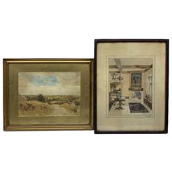 W G Peers (British mid 20th century): Interior with stone Fireplace, watercolour signed together with English School (19th century): Cattle Grazing, watercolour unsigned max 23cm x 33cm (2)