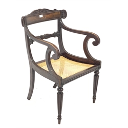 William IV simulated rosewood elbow chair, scroll and shell carved cresting rail with beading above a scrolling foliage carved middle rail, down swept c scroll moulded arms, cane work seat, turned and reeded supports, total width - 55cm, seat height - 41cm