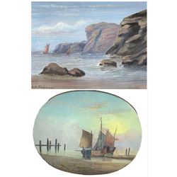Edward King Redmore (British 1860-1941): Fishing Boats on the Shoreline, oval oil on card signed 21cm x 27cm; Craggy Coastal Scene, oil on card signed 22cm x 29cm (2)