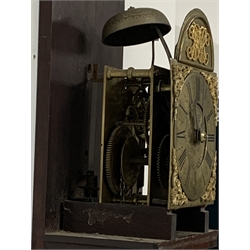 18th century brass dial wall clock, the dial inscribed 'John Davies' with gilt metal spandrels and Roman numeral chapter ring, 30 hour movement striking on engine turned bell, in later mahogany case, W32cm