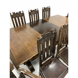 Early 20th century large dark oak extending dining table, the carved rectangular top raised on four spiral turned supports with sledge feet, bearing ivorine label for 'The Ee-Zi-Way one motion extending dining table' (228cm x 107cm, H77cm) together with a set of eight (6+2) 18th century style dark oak high back dining chairs, with scroll carved cresting rail over panelled seat, raised on turned and block supports, (W49cm)