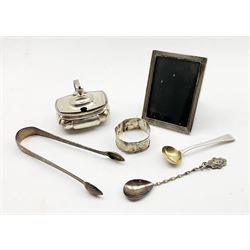 Late Victorian rectangular silver mustard pot with blue glass liner Chester 1900 Maker Nathan & Hayes, small silver table photograph frame 9cm x 7cm, Georgian mustard spoon and three other items 