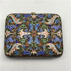 Russian silver gilt and enamel purse of scrolling design in polychrome enamels on a matt ground and with watered silk interior, 7.5cm x 6cm, 84 zolotniks standard, St Petersburg town mark Makers mark HC