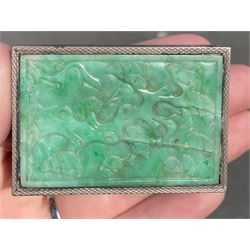 Art Deco engine turned silver powder compact inset with a carved jade panel, the gilded interior with mirror 5.5cm x 3.5cm London 1922 Maker H C Freeman