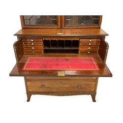 George III inlaid mahogany bookcase secretaire, projecting moulded and dentil cornice over blind fretwork frieze, enclosed by two astragal glazed doors, the chest will fall front secretaire drawer with fitted interior, three drawers below, on splayed bracket feet