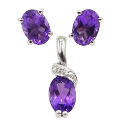 Pair of 9ct white gold oval amethyst stud earrings and a 9ct gold amethyst and diamond pendant, all hallmarked