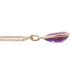18ct rose gold pear shaped amethyst pendant, on 9ct rose gold link necklace 