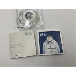 Four The Royal Mint United Kingdom 'The Snowman' silver proof fifty pence coins, dated 2018, 2019, 2020 and 2021, all cased with certificates (4)