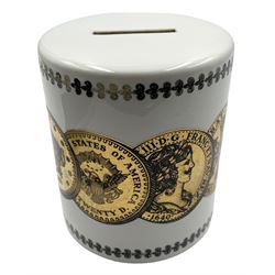 Piero Fornasetti (Italian,1913-1988): cylindrical porcelain money bank, decorated in gilt with various world coins, H10cm