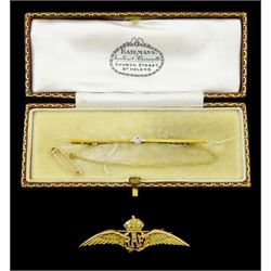 9ct gold RAF sweetheart brooch and a 15ct gold single stone diamond bar brooch, both stamped