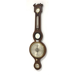 19th century mahogany cased barometer, broken arch pediment, boxwood and ebonised string inlay and silvered dial, 