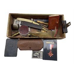 Set of 19th century folding sovereign scales in wooden case, thimbles, cut throat razor, 19th century ivory awl, badges etc in one box