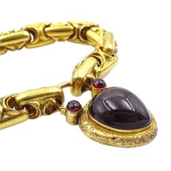 Victorian 18ct gold fancy link mourning bracelet, with cabochon garnet heart locket clasp