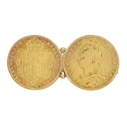 Two Queen Victoria 1887 shield back half sovereigns, soldered as a brooch