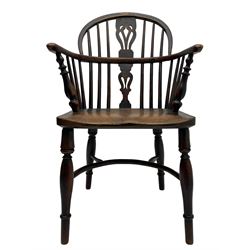 19th century yew wood and elm Windsor chair, double hoop and stick back with pierced splat, dished seat on turned supports joined by crinoline stretcher 