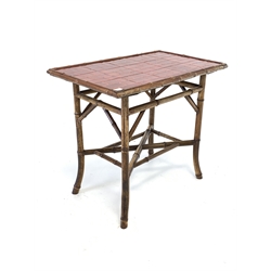 Late Victorian Aesthetic movement tile top bamboo side table, splayed supports united by 'X' stretcher