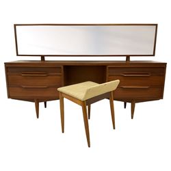 White & Newton - mid-20th century teak kneehole dressing table, raised mirror back, fitted with two banks of three drawers, raised on tapering supports, with matching stool 