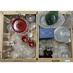 Heavy cut glass bonbon jar and cover and matching centrepiece bowl, ruby drinking glasses, fruit bowl etc in two boxes