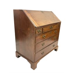 Georgian mahogany bureau, the fall front opening enclosing drawers and pigeon hole shelving, over three short drawers and three large graduated doors raised on bracket supports W95cm, H103cm, D55m