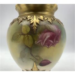 Early 20th century Royal Worcester pot pourri vase and cover, ovoid form body with pierced cover and floral finial, hand painted with roses, unsigned, upon three splayed suppots, puce printed marks beneath including shape number 245 and date code for 1917, H19cm