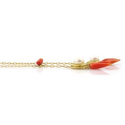 18ct gold coral and pearl tassel pendant necklace
