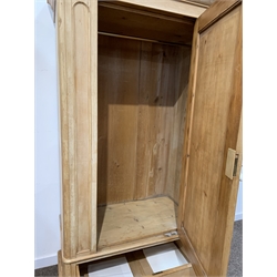 Victorian pine single wardrobe, mirrored door enclosing interior fitted for hanging, over one drawer with white ceramic pull handles, raised on plinth base, W110cm, H203cm, D60cm