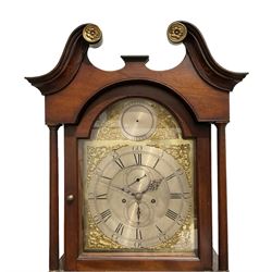 John Agar of York - Late 18th-century 8-day mahogany longcase clock, with a swans neck pediment and brass paterae, break arch hood door with matching pilasters and capitals, Long trunk with conforming trunk door with a break arch top, plain plinth with a skirted base, brass dial with a silvered chapter ring with Roman numerals, five minute Arabic's and steel hands, plain silvered dial centre with matching seconds and date dials, strike silent to the break arch, dial pinned directly to a rack striking movement with strike repeat, striking the hours on a bell. With weights and pendulum.
The Agar family were a prolific family of clockmakers in York and the surrounding area during the 18th and 19th century. 