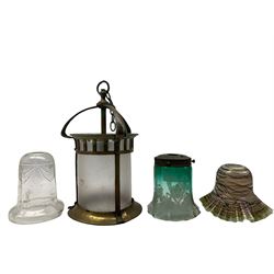 Art Nouveau copper hall lantern with cylindrical frosted glass shade, with scrolling, H34cm (excluding chain), opalescent frill glass shade with applied trailing decoration, Edwardian engraved glass bell-shaped shade and one other (4)