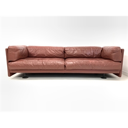 Large mid 20th century three seat sofa, upholstered in red leather, with zipped on loose cushions, circa 1970s 