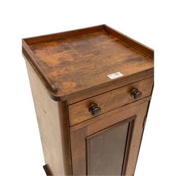 Victorian mahogany bedside cupboard, raised gallery top over single drawer and panelled cupboard, on plinth base