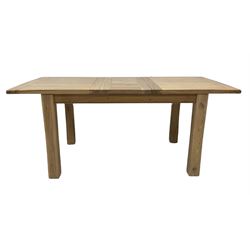 Light oak extending dining table, and set four matching dining chairs