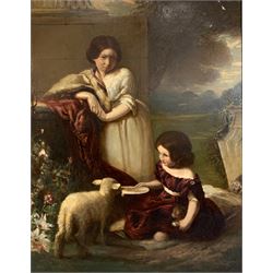 William Underhill (British fl. 1847-1870): 'Children with a Lamb', oil on canvas signed and dated 1847, labelled verso 90cm x 71cm