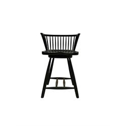 Painted elm bar stool, stick back over swivel saddle seat, in black finish