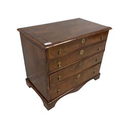 George I walnut chest, rectangular quarter veneered top with moulded edge, decorated with ebony and fruitwood stringing, fitted with four graduating drawers, the crossbanded facias with fruitwood stringing in interlocking demi-lune form, lower moulded edge over later bracket feet
Provenance: From the Estate of the late Dowager Lady St Oswald