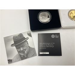 Three The Royal Mint United Kingdom silver proof five pound coins, comprising 2011 'Prince William Arthur Philip Louis of Wales to Miss Catherine Middleton 29th April 2001', 2015 'The Longest Reigning Monarch' piedfort and 2015 '50th Anniversary of the Death of Sir Winston Churchill', all cased with certificates (3)