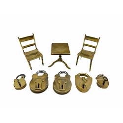 Victorian brass patent padlock with key, pair of small secure lever lock brass padlocks with keys, two other brass padlocks, pair of miniature Victorian brass chairs and a miniature tilt top table