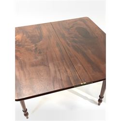 Georgian style mahogany fold over tea table, rectangular top raised on turned supports W88cm H74cm, D42cm