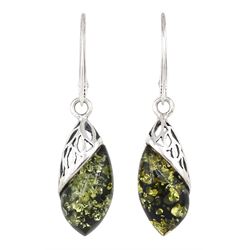 Pair of silver green amber pendant earrings, stamped 925