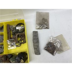 Collection of metal detector finds including coins, musket balls, pottery and metal shards etc