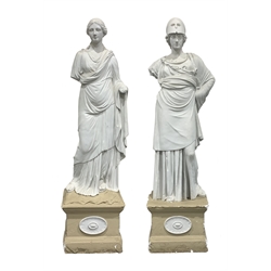 In the Manner of Humphrey Hopper (1767-1834):  Late 18th/19th century, pair of plaster figures of Minerva and a Classical Maiden, each on a square polychrome plaster base, some losses and repainted.  The first H198cm x W58cm x D49cm.  The second H194cm x W52cm x D49cm
Provenance: To be Sold on Instructions from The Earl of Harewood and removed from store at Harewood House