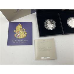 Three The Royal Mint United Kingdom 'The Royal Tudor Beasts' fine silver proof one ounce coins, comprising 2022 'The Lion of England', 2022 'The Seymour Panther' and 2023 'The Yale of Beaufort', all cased with certificates (3)