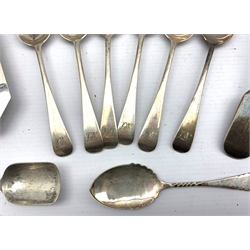 Set of six silver tea spoons London 1909, William IV silver sauce ladle, other silver cutlery, small challenge cup and a silver ashtray approx 14oz