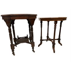 Late 19th century walnut and mahogany octagonal occasional table, raised on ring turned supports united by X-stretcher and undertier with raised gallery, terminating in ceramic castors; together with another similar