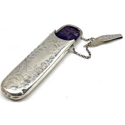 Victorian silver spectacle case with engraved decoration and on belt clip Birmingham 1887 
