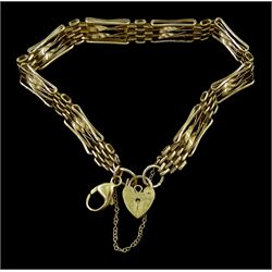9ct gold four bar fancy gate link bracelet with heart locket clasp, stamped 375